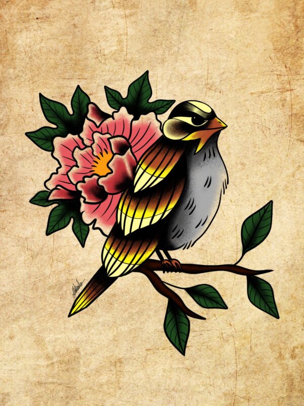model de tatuaj pasăre & flori color