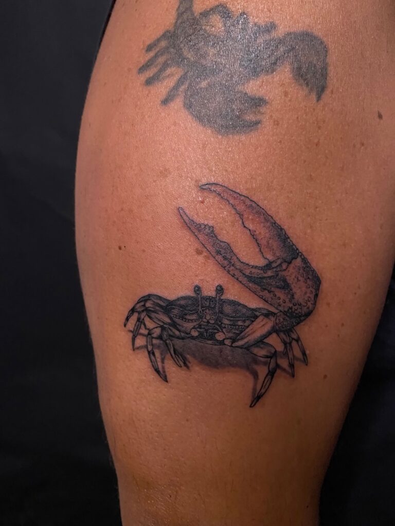 tattoo tatuaj tatuat de berea ana maria pe un baiat pe brat cu un rac crab zodiac in stil realist black and white alb negru
