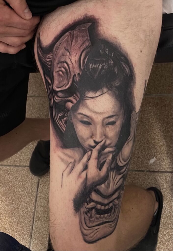 tattoo tattoos tatuaje berea ana maria realism realistic style japanese girl demon hannya mask